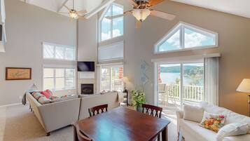 Televisio, takka, DVD-soitin, työhuone