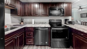 Fridge, microwave, oven, stovetop - Newly Remodeled Scenic Riverfront Smokies Retreat (Pigeon Forge)