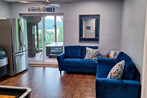 Télévision, cheminée, lecteur de DVD, espaces bureaux