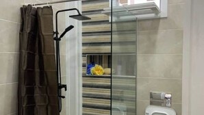 Une salle de bain avec douche, toilettes et une paroi en verre dotée d’une étagère.