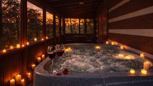 A hot tub with candles and wine glasses, surrounded by a wooden deck with windows overlooking trees. - Dog Friendly Cabin, Sleeps 2・Screened Deck・Jet Tub (Sevierville)