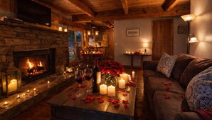 A cozy room with a fireplace, a dining table set with candles and wine glasses, and a sofa with decorative pillows. - Dog Friendly Cabin, Sleeps 2・Screened Deck・Jet Tub (Sevierville)