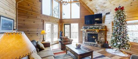 Télévision, cheminée, lecteur de DVD, espaces bureaux