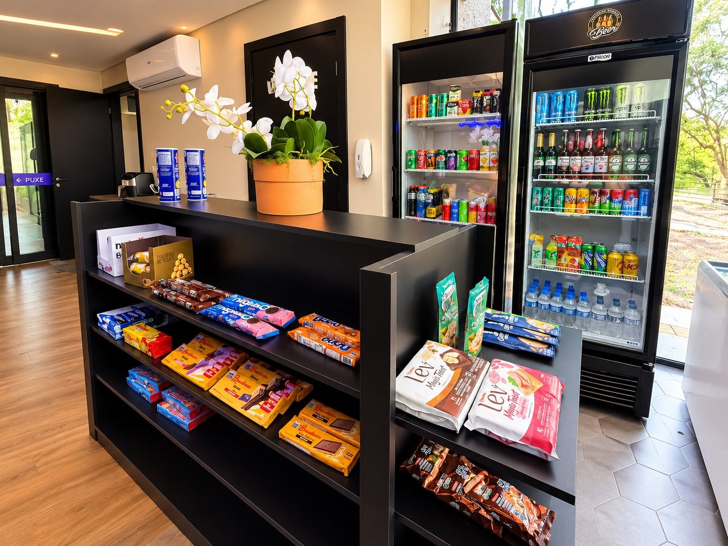 A vending area with snacks and drinks, a potted plant, and a sign for PUKE.