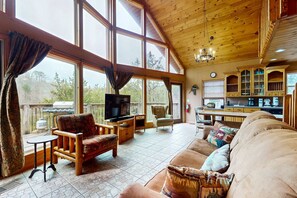 TV, fireplace, foosball, offices