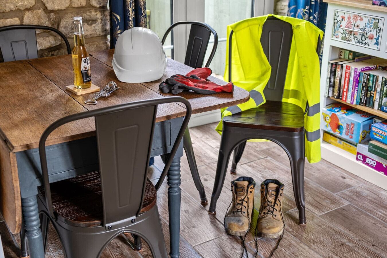 Practical dining space handy for contractors and working stays.