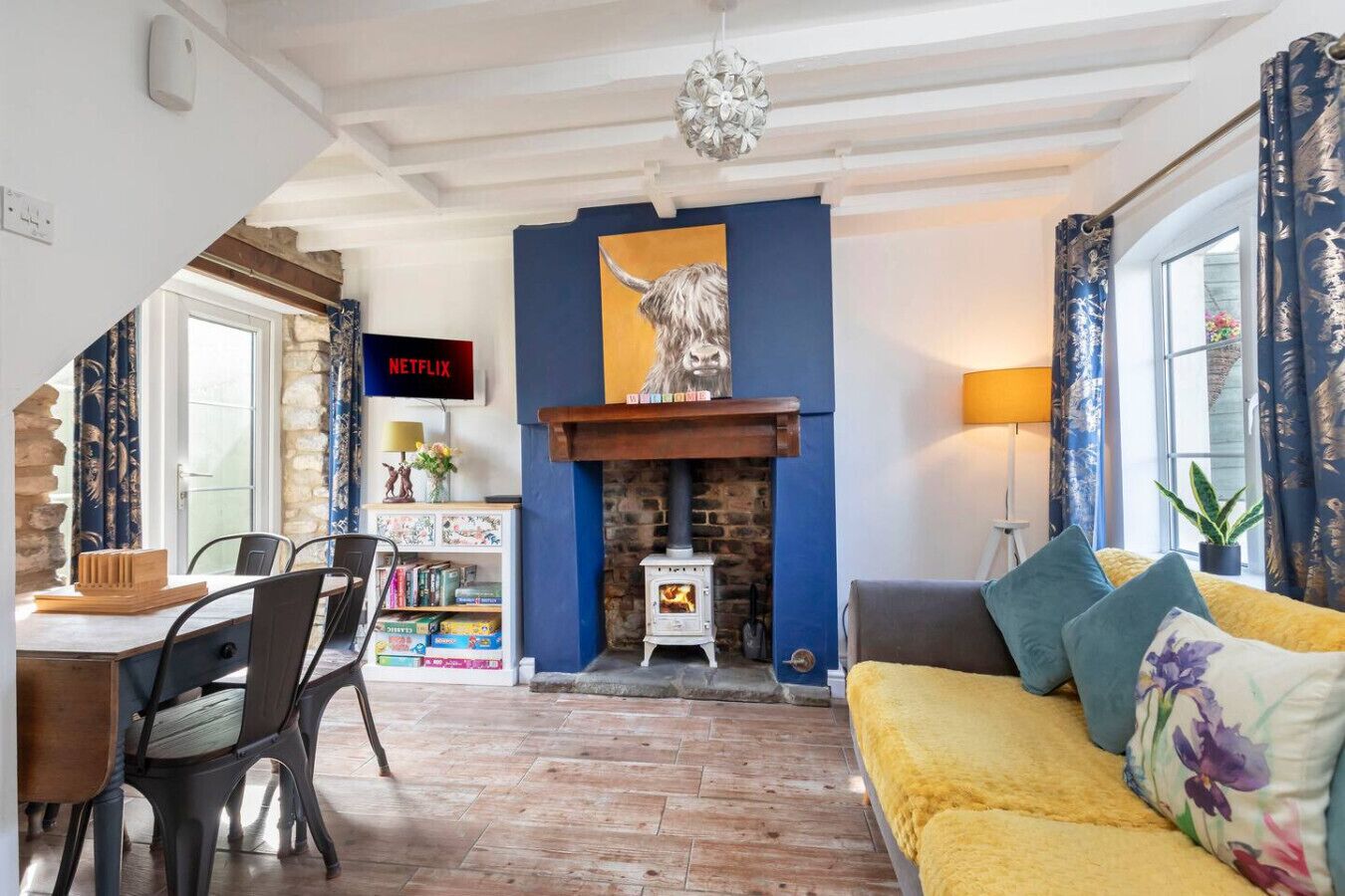 TV, fireplace, books