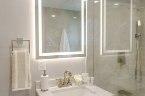 Hair dryer, bidet, towels, soap