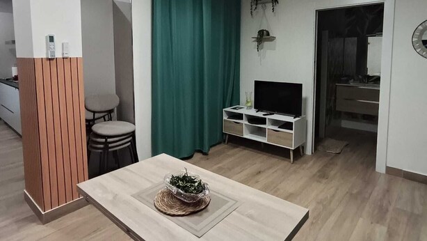 Un salon moderne avec une table à manger, un meuble pour la télévision et un luminaire au plafond.
