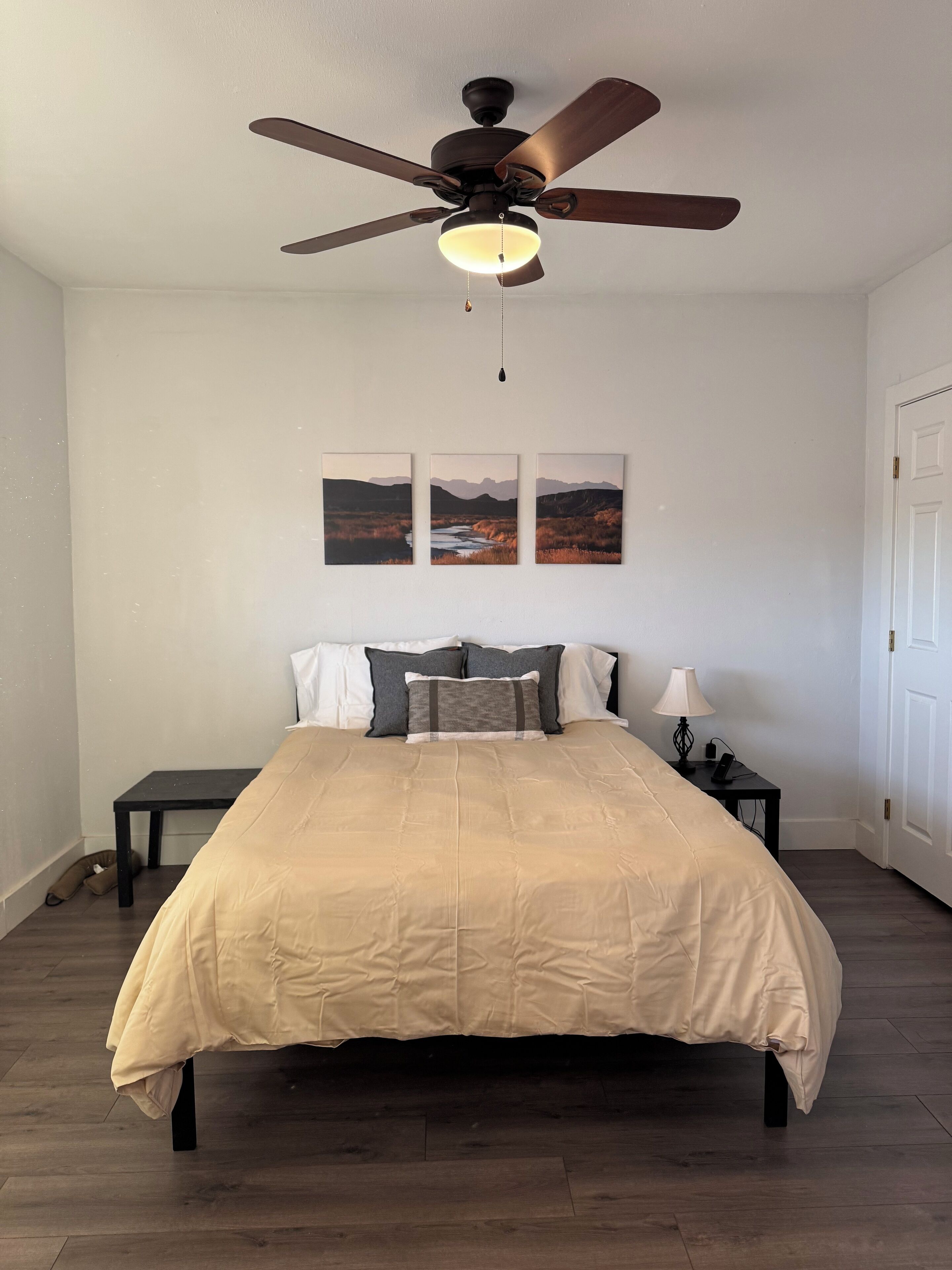 A bedroom with a bed, a ceiling fan, a nightstand, a lamp, and three landscape paintings on the wall.