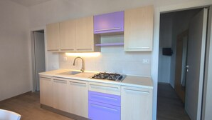A compact kitchen with a gas stove, a sink, and cabinets. - Panoramic apartment with pool 2 - Liberato Puglia (Peschici)