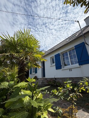 Ein Haus mit weißer Fassade und blauen Fensterläden, umgeben von üppiger Vegetation, darunter eine Palme und verschiedene Pflanzen.