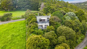 A modern house surrounded by dense forest, with a visible road and a clear sky. - Treetop Break - Waipu Cove Holiday Home (Waipu Cove)