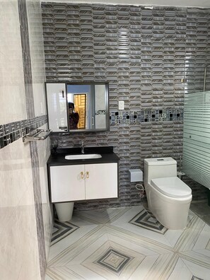 Secadora de cabello, toallas, jabón, papel de baño 