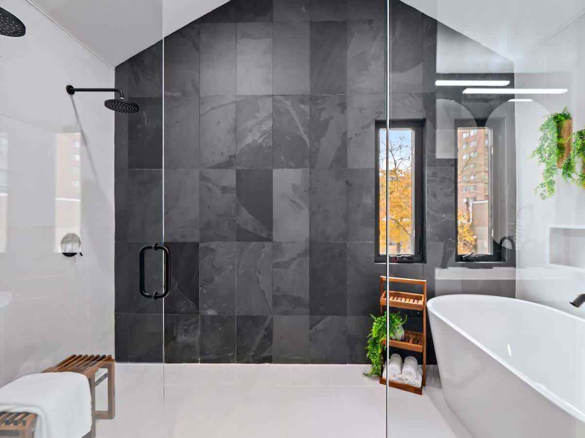 Shower, hair dryer, towels, shampoo