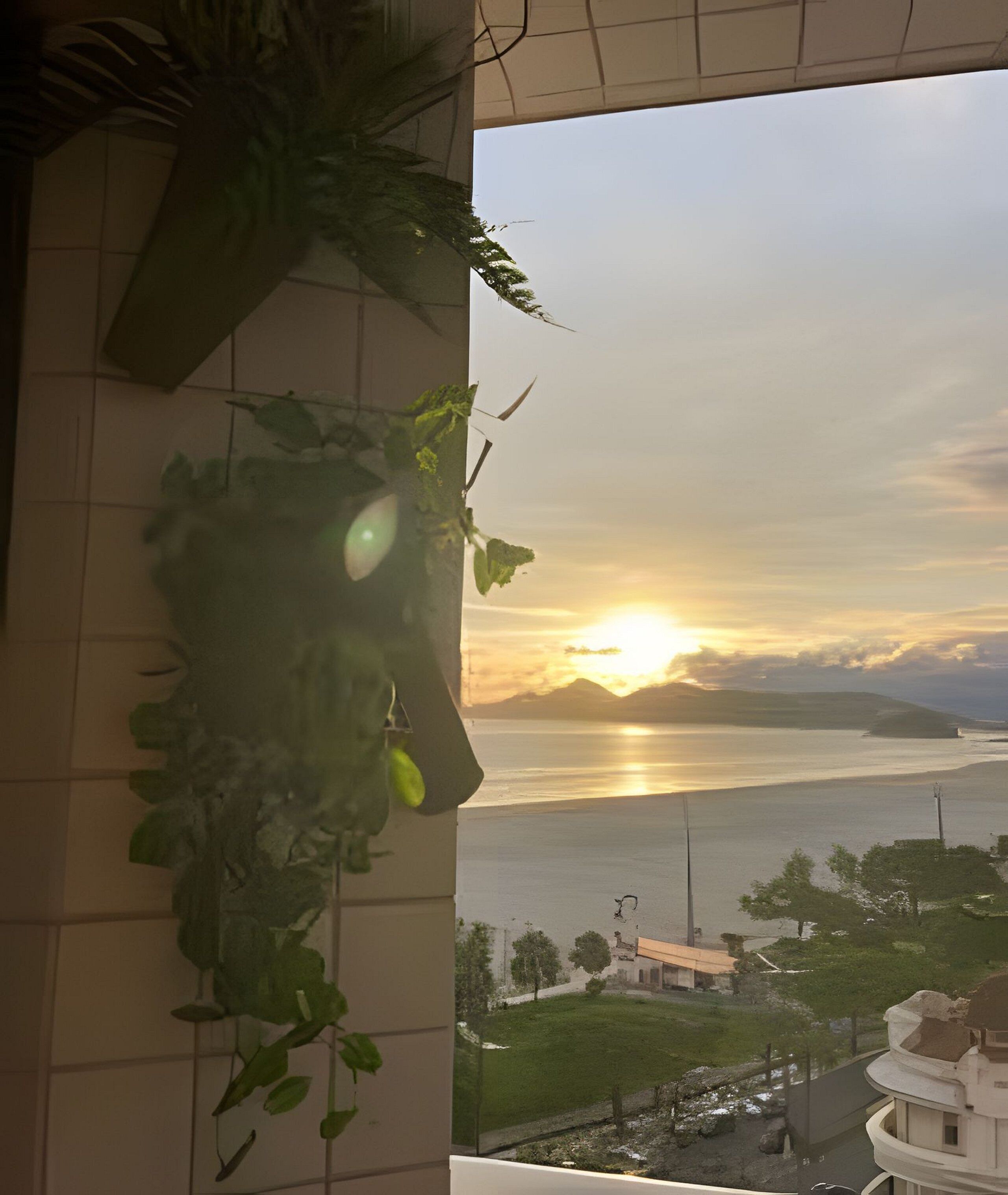 Ein Sonnenuntergang über dem Wasser, im Vordergrund ein Gebäude und links Grünpflanzen.