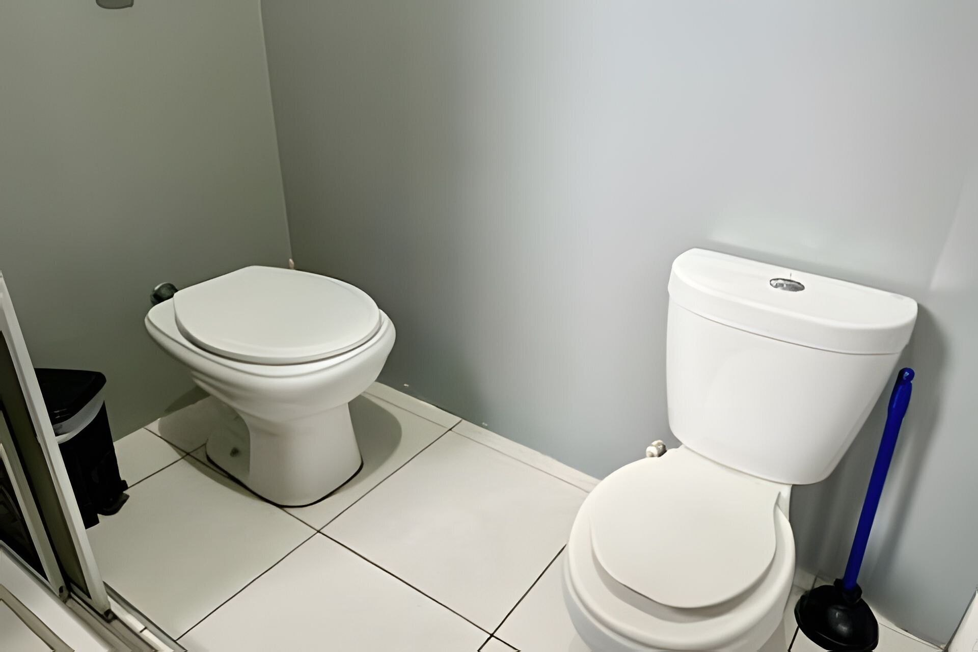 Een badkamer met twee toiletten, een prullenbak en een blauwe zuignap.