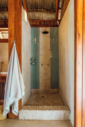 Luxury Chalet, 1 King Bed, Sea View | Bathroom | Hair dryer, towels, soap, shampoo