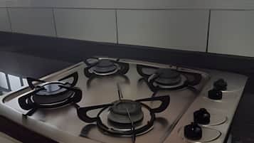 Jääkaappi, mikroaaltouuni, uuni, keittoastiat/astiat/ruokailuvälineet