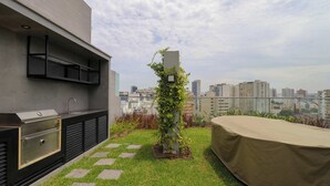 Terraço no telhado com churrasqueira, um vaso com plantas trepadeiras e vista para o horizonte da cidade.