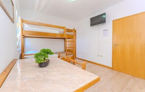 Habitación con literas, un televisor en la pared, una puerta de madera y una pequeña planta en maceta sobre la mesa.