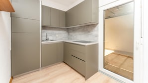 Cocina compacta con pileta integrada, salpicadero de mármol y puerta corredera de vidrio que da a un espacio exterior.