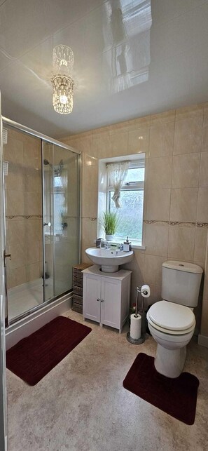 Hair dryer, towels, soap, shampoo