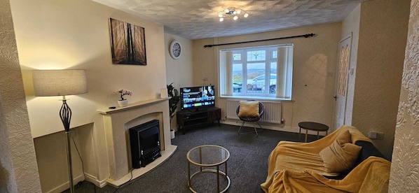 Smart TV, fireplace, books