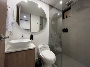 Regadera, secadora de cabello, toallas 