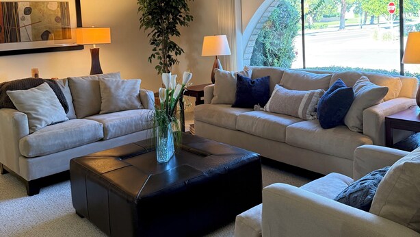 A modern living room with two sofas, a coffee table, and a large window offering a view of the outdoors. - Charming 3-bedroom house with AC in sunny Scottsdale (Scottsdale)