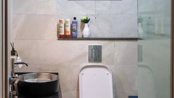 Dusche, Haartrockner, Handtücher, Seife