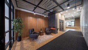 Un hall d’entrée moderne avec une cheminée, des fauteuils en cuir et une plante en pot.