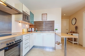 Sea View Apartment | Cuisine privée | Grand réfrigérateur, micro-ondes, four, plaque de cuisson