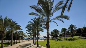 A paved walkway lined with palm trees, grassy areas, and a clear blue sky. - Cala Alta Apartments (Villajoyosa)