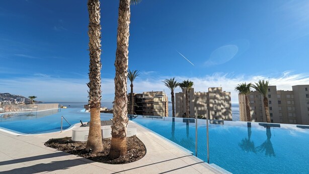 An infinity pool with palm trees, a clear sky, and a view of the sea and buildings. - Sunset Cliffs Apartments Tower 1 (Benidorm)