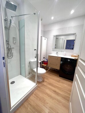 Regadera, secadora de cabello, jabón, papel de baño 