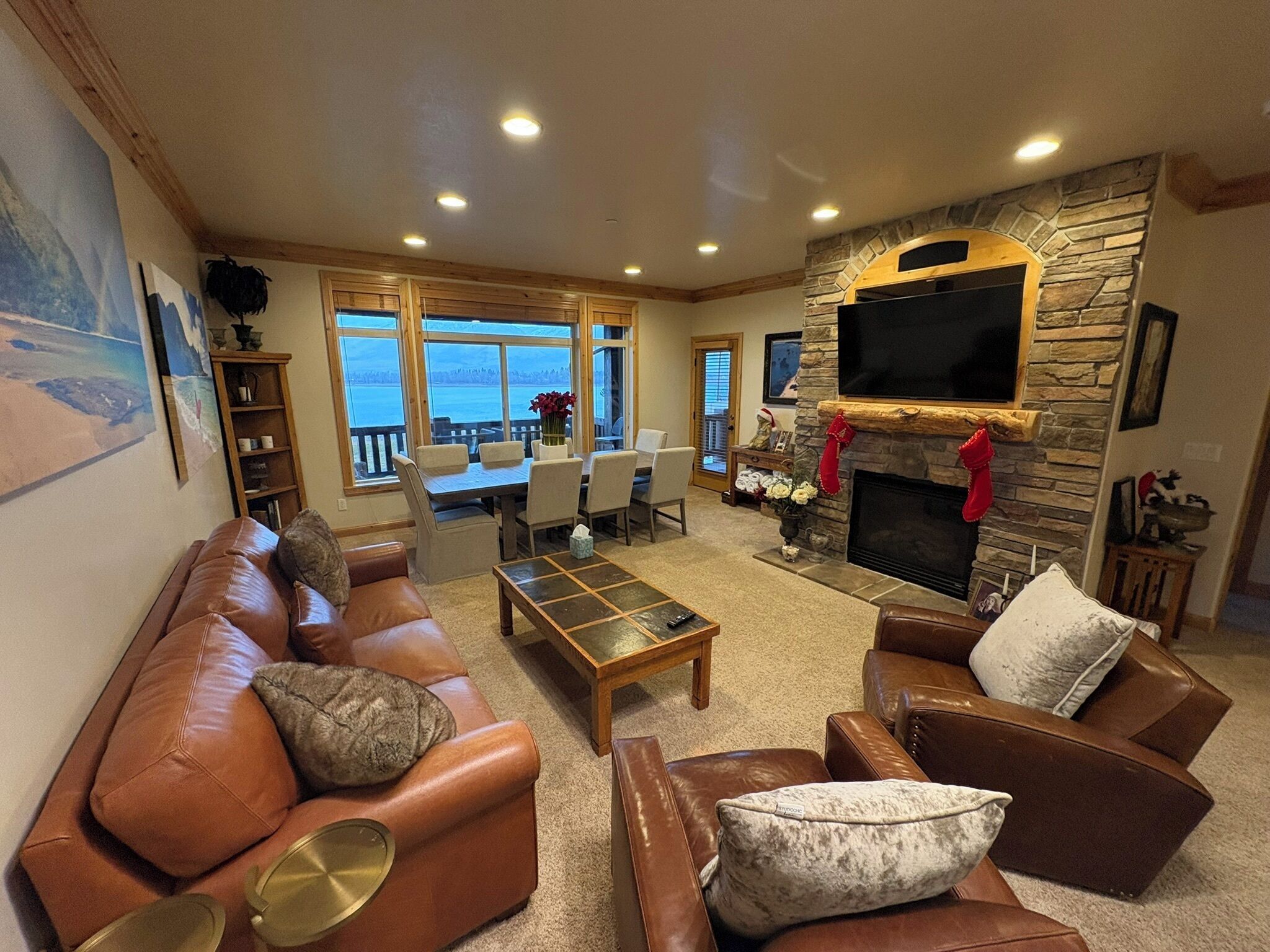 Smart TV, fireplace, books, stereo