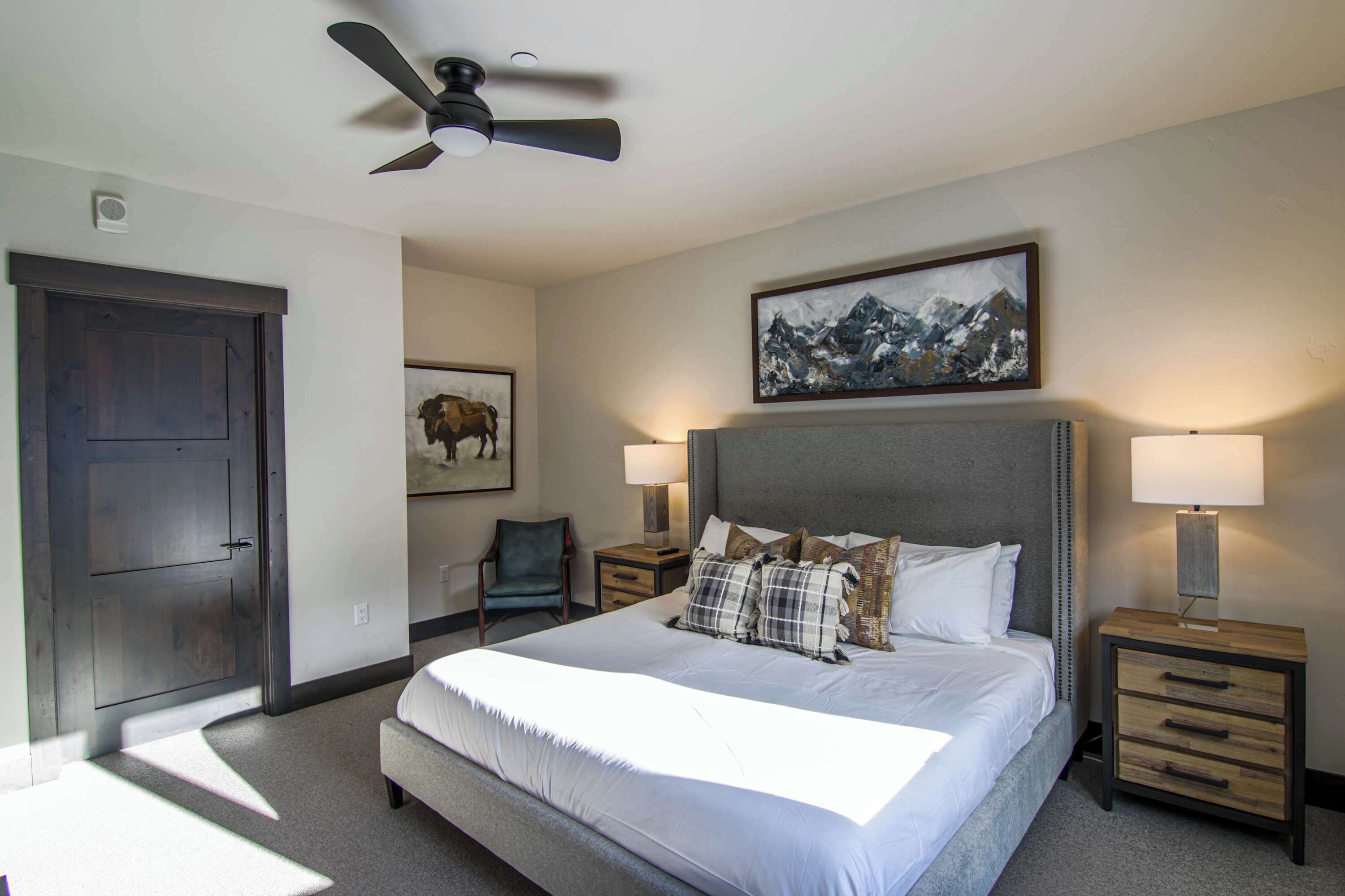 Bedroom 1: King bed, 45” Samsung Smart TV, walk-in closet, en-suite bathroom