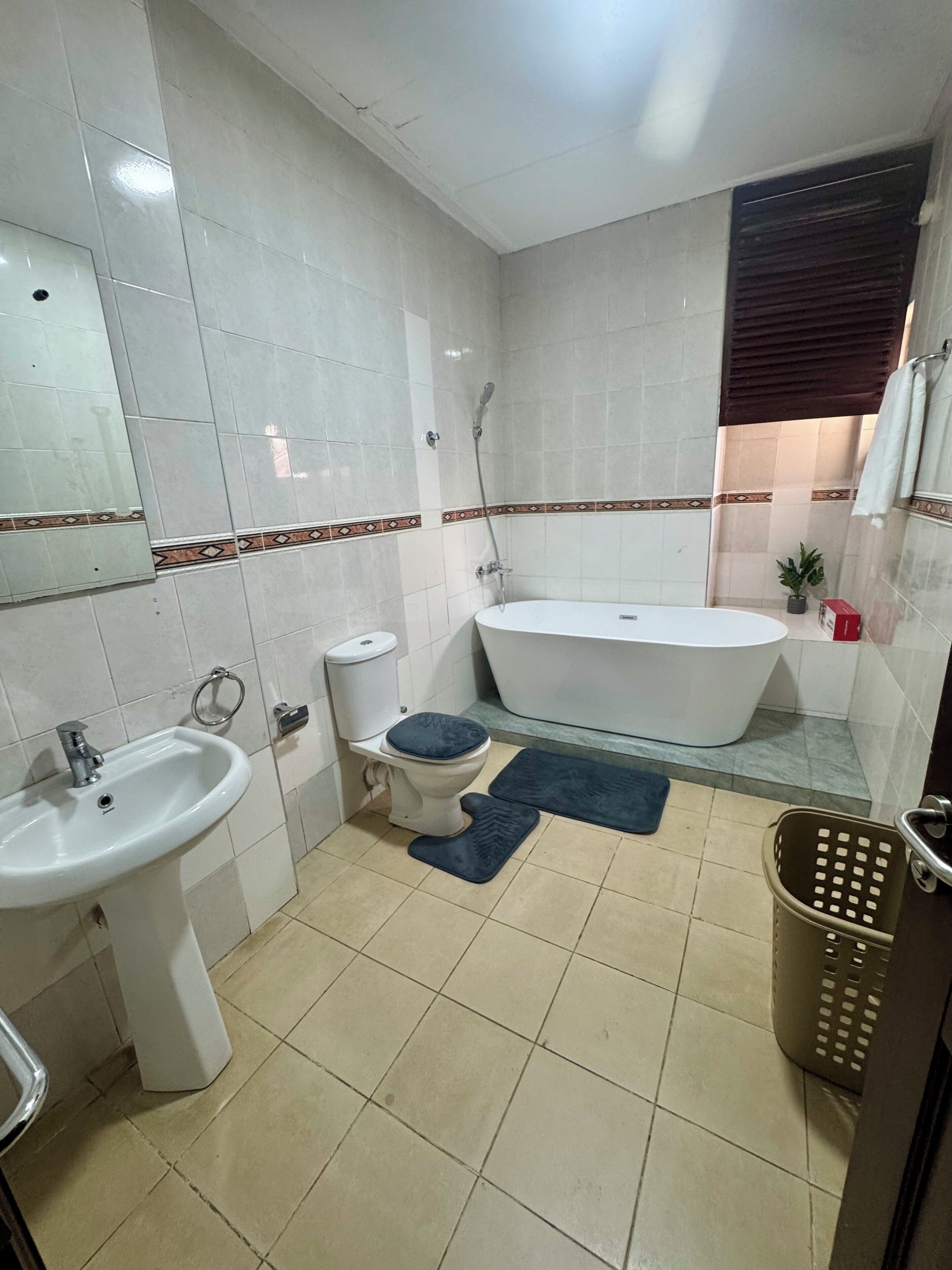 Shower, towels, soap, toilet paper
