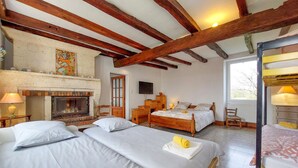 Un dormitorio con dos camas, chimenea, vigas de madera, televisor y ventana.
