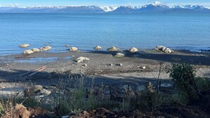 Una costa rocosa amb una vista clara de muntanyes llunyanes cobertes de neu.