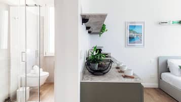 Shower, hair dryer, bidet, towels