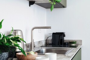 A modern kitchen with a stainless steel sink, a coffee maker, and a potted plant. - Batèl House 3 (Como)