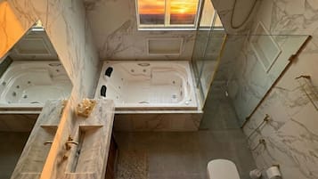 Shower, jetted tub, hair dryer, bidet