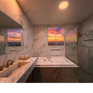 Shower, jetted tub, hair dryer, bidet