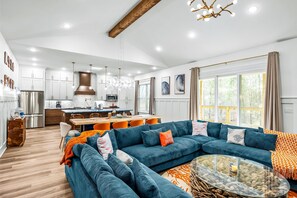 Smart TV, fireplace, foosball