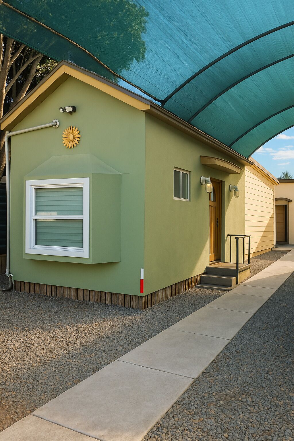 Un bâtiment d’un seul étage, à l’extérieur peint en vert, doté d’un porche couvert et d’une petite fenêtre.