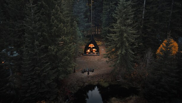 Eine Holzhütte, umgeben von dichtem Wald, mit einem kleinen Teich im Vordergrund.