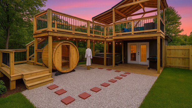 A wooden multi-level outdoor structure with a sauna, hot tub, and outdoor seating area.