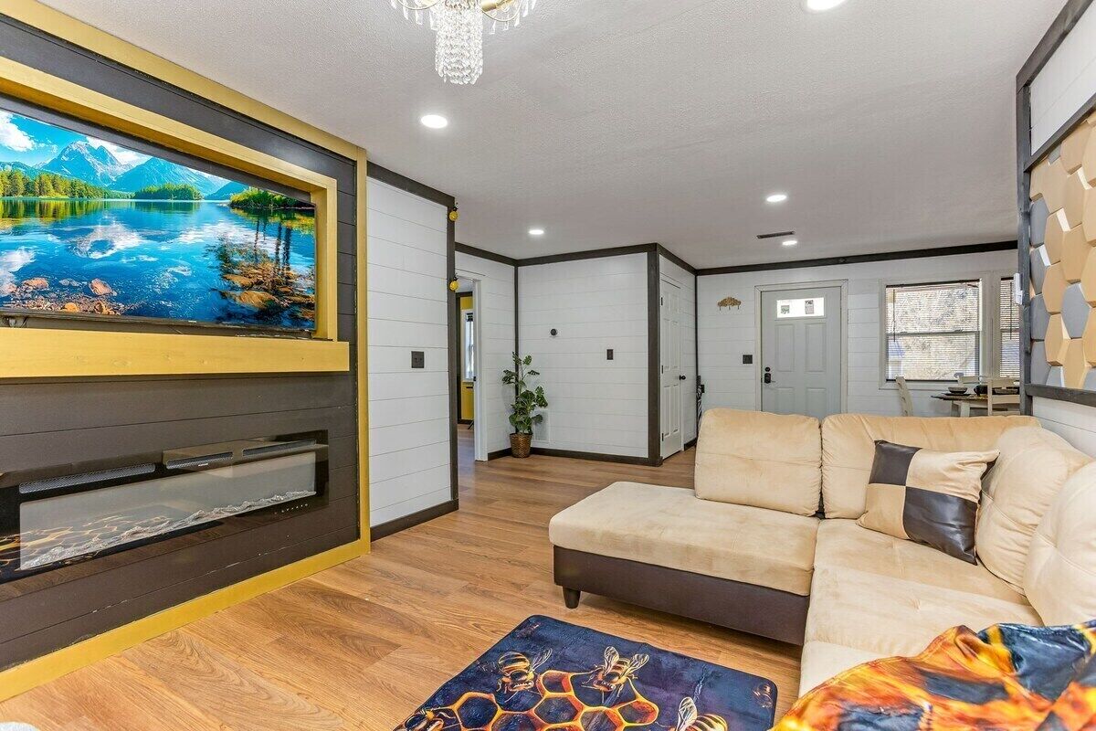 TV, fireplace, DVD player, books